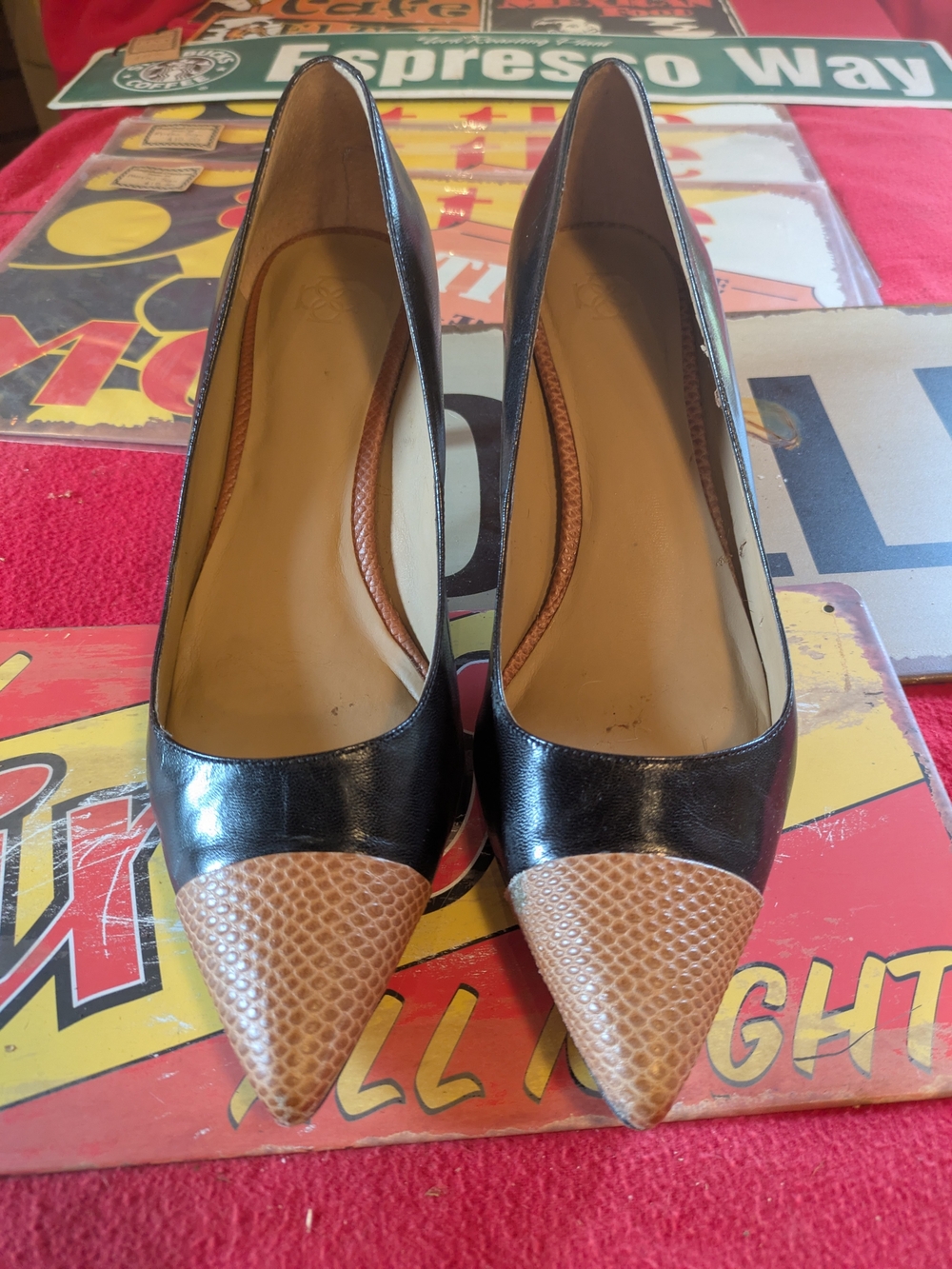 Ann Taylor Leather Pointed-Toe Pumps with Textured Toe Cap - Black and Tan